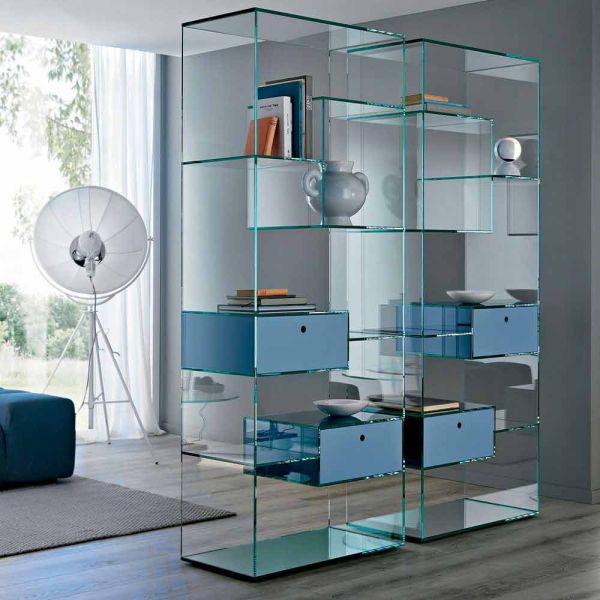 Bücherregal für wohnzimmer aus extra klarem glas mit oder ohne schubladen made in italy - linzy