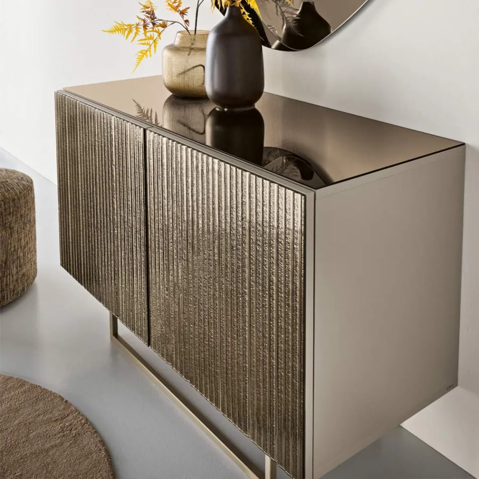 Zweitüriges Sideboard aus melaminbeschichtetem Glas mit geriffeltem Glas, hergestellt in Italien - Ninfa Viadurini
