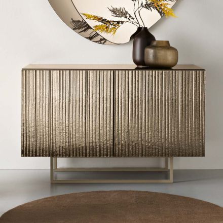 Zweitüriges Sideboard aus melaminbeschichtetem Glas mit geriffeltem Glas, hergestellt in Italien - Ninfa Viadurini