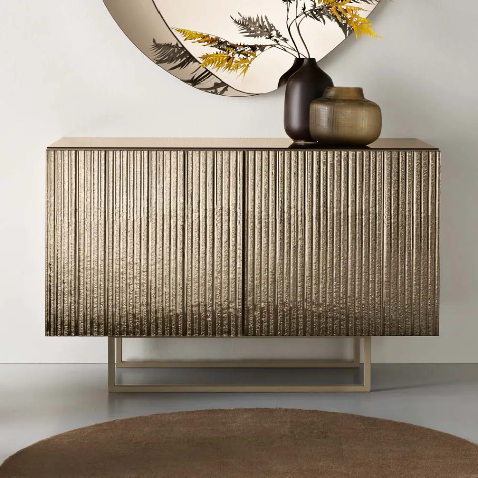 Zweitüriges Sideboard aus melaminbeschichtetem Glas mit geriffeltem Glas, hergestellt in Italien - Ninfa Viadurini