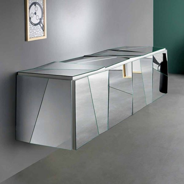 Sideboard mit wandbehang aus mattweißem holz und verspiegelten gläsern - senese