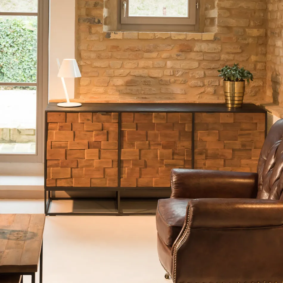 Sideboard mit 3 Türen aus recyceltem Patchwork-Holz und Metallstruktur - Slide Viadurini