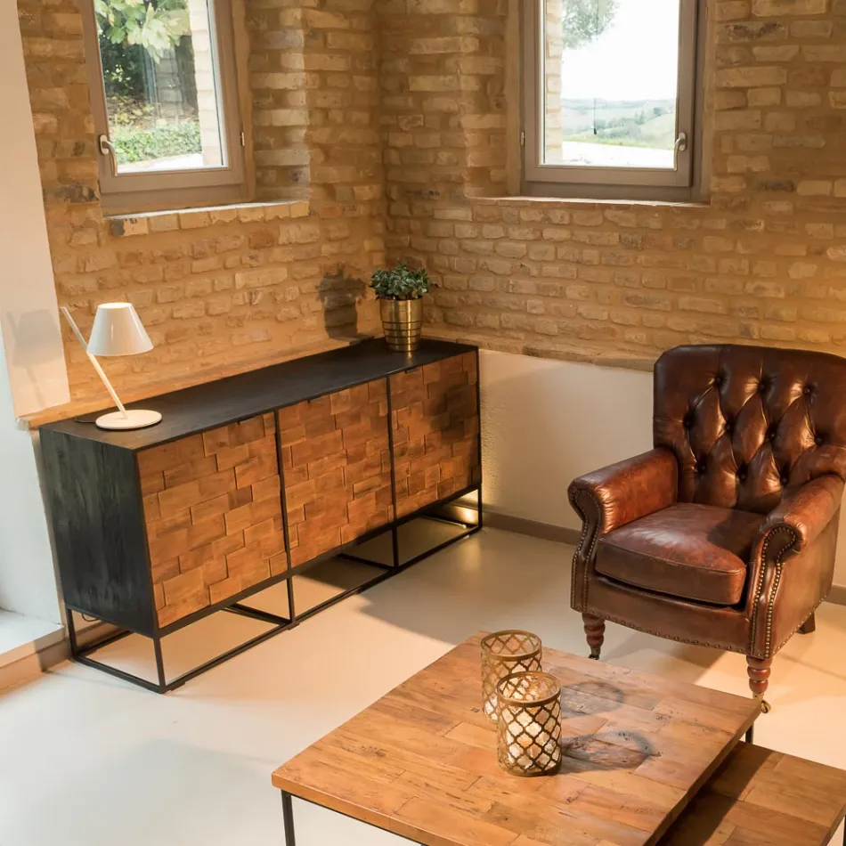 Sideboard mit 3 Türen aus recyceltem Patchwork-Holz und Metallstruktur - Slide Viadurini