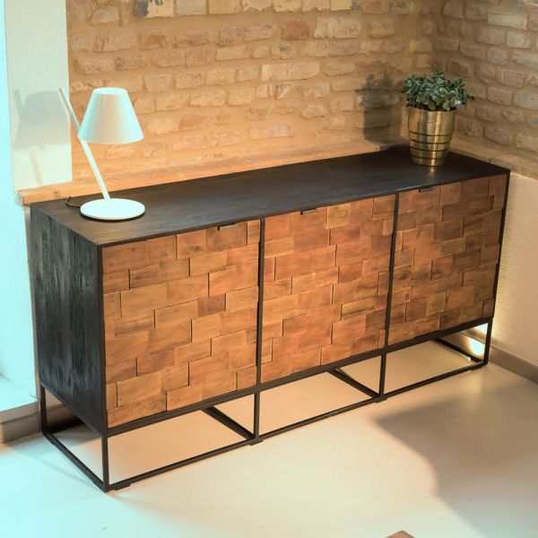 Sideboard mit 3 türen aus recyceltem patchwork-holz und metallstruktur - slide
