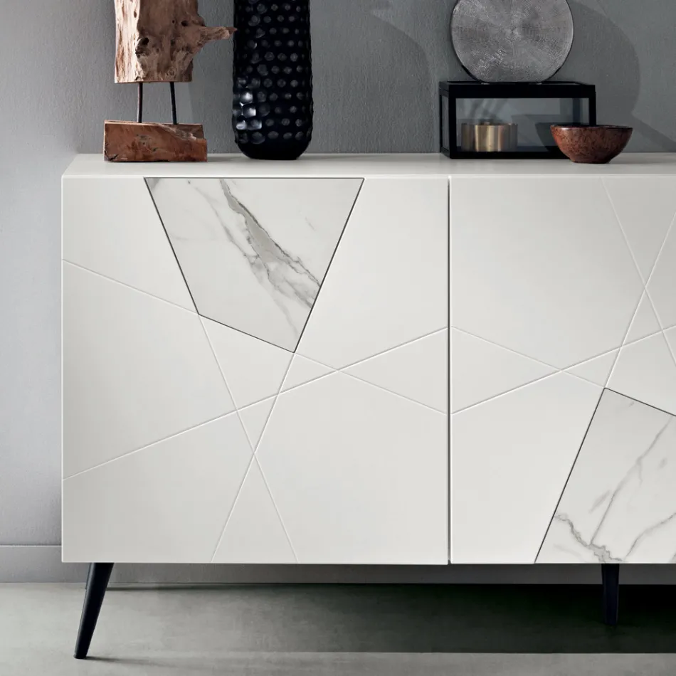 Sideboard mit 3 Türen aus lackiertem MDF mit Pantograph und Glaseinsätzen in Marmoroptik - Danila Viadurini