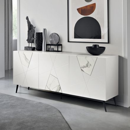 Sideboard mit 3 Türen aus lackiertem MDF mit Pantograph und Glaseinsätzen in Marmoroptik - Danila Viadurini