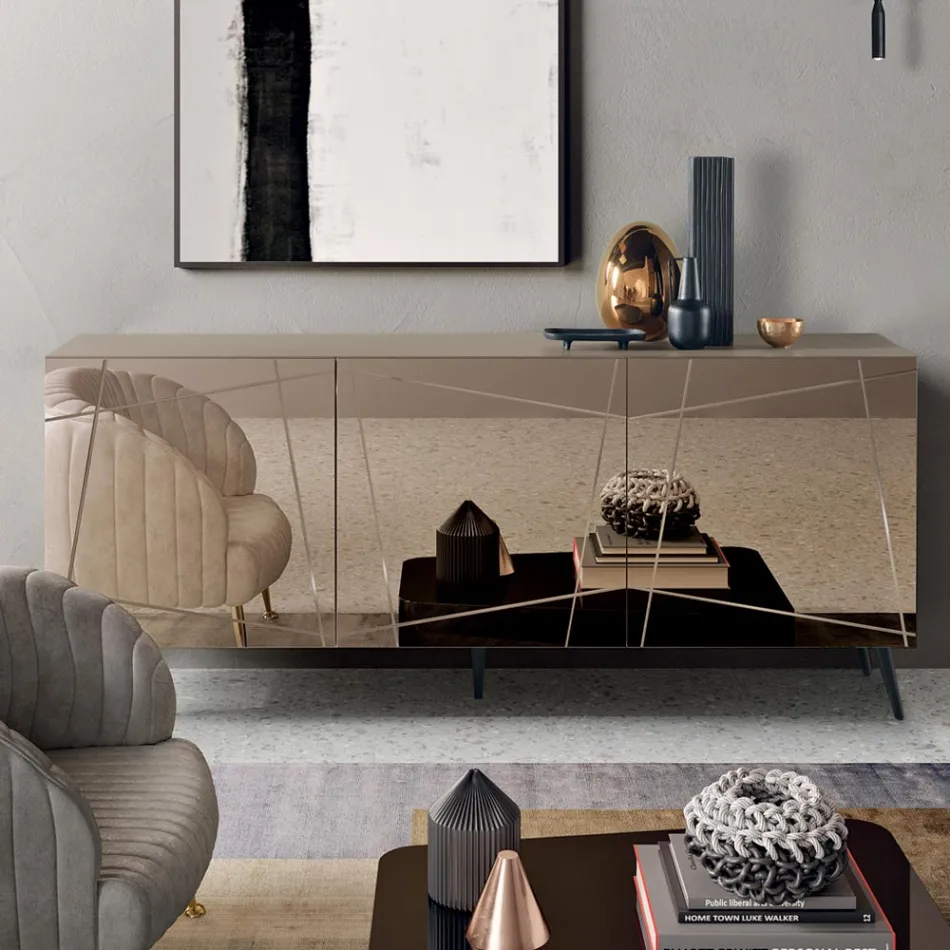 Sideboard mit 3 Spiegelglastüren und Metallgestell - Eleonora Viadurini