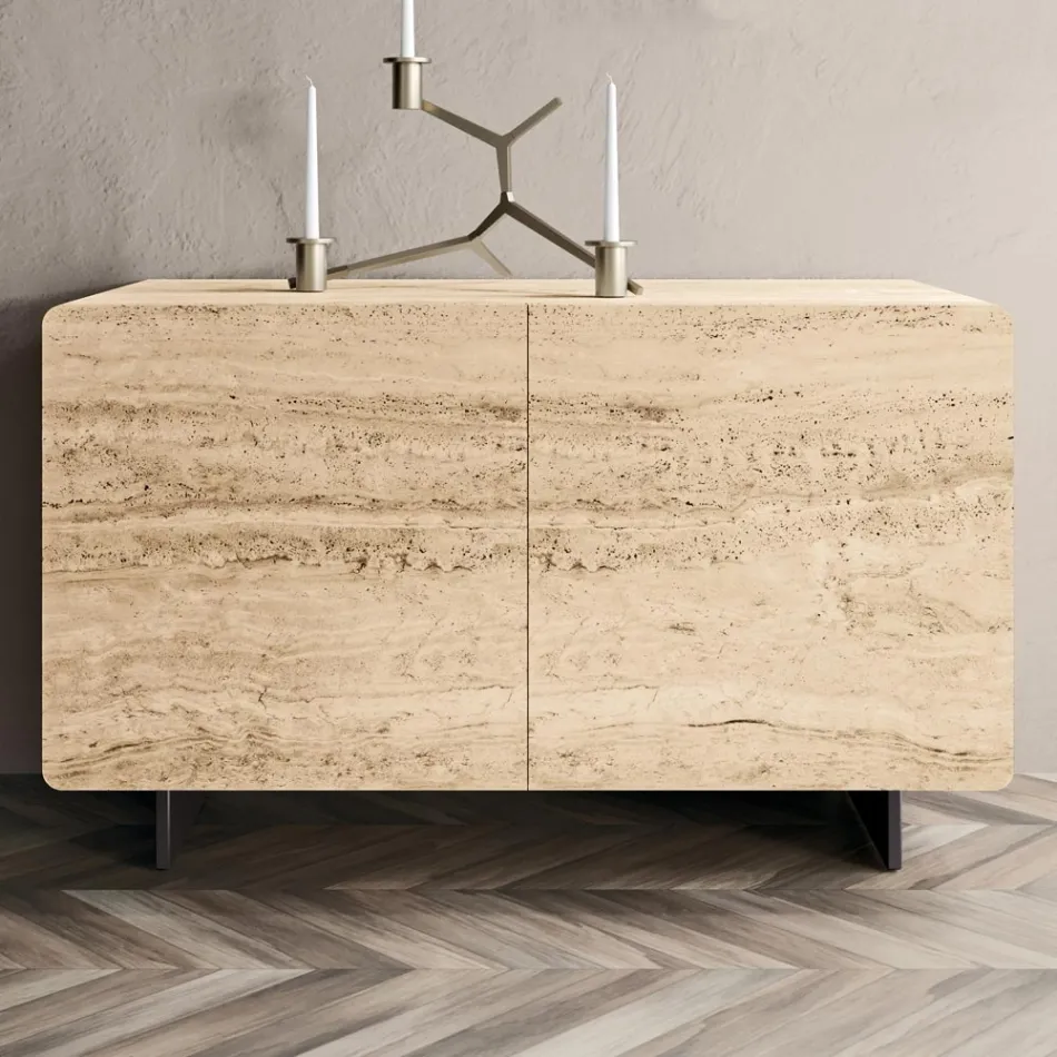 Wohnzimmer-Sideboard mit 2 Türen in Travertin-Marmor-Finish, hergestellt in Italien – Jon Viadurini