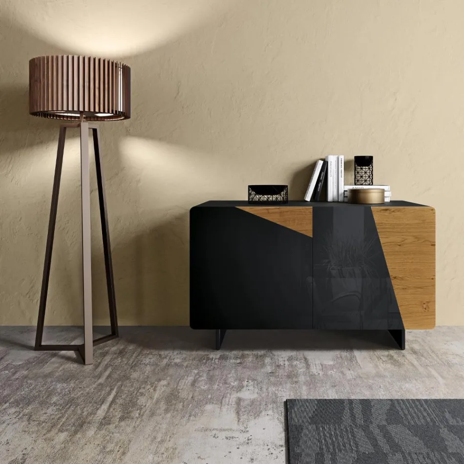 Wohnzimmer-Sideboard mit 2 Türen in rustikaler geknoteter Eiche und anthrazitfarbenem Glas – Ove Viadurini