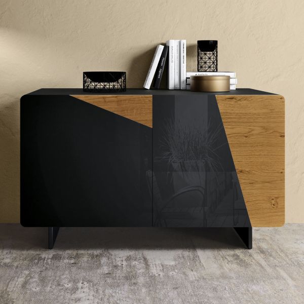 Wohnzimmer-sideboard mit 2 türen in rustikaler geknoteter eiche und anthrazitfarbenem glas – ove