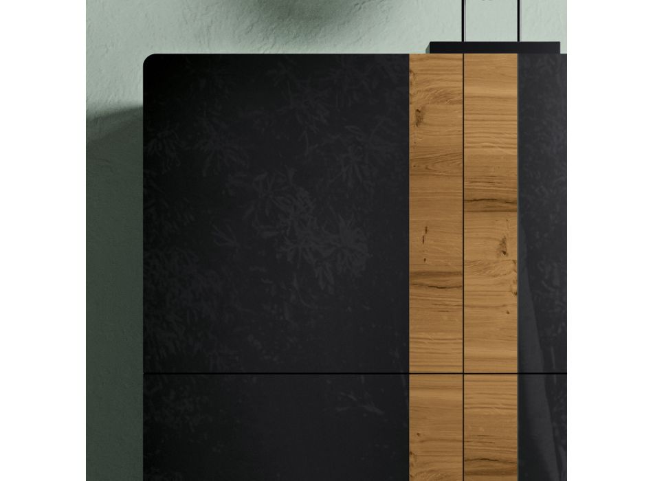 Wohnzimmer-Sideboard mit 4 Türen in rustikaler geknoteter Eiche und anthrazitfarbenem Glas – Ove Viadurini