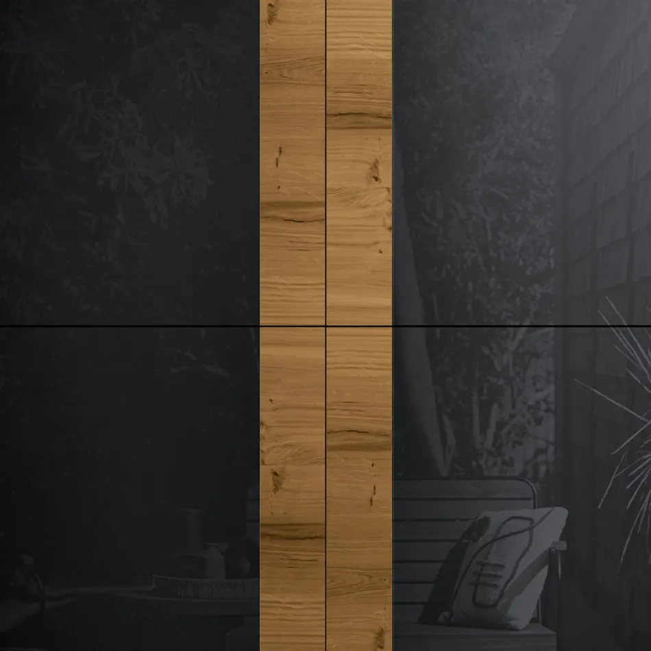 Wohnzimmer-Sideboard mit 4 Türen in rustikaler geknoteter Eiche und anthrazitfarbenem Glas – Ove Viadurini