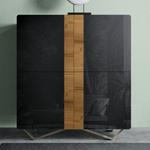 Wohnzimmer-sideboard mit 4 türen in rustikaler geknoteter eiche und anthrazitfarbenem glas – ove