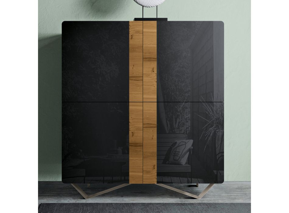 Wohnzimmer-Sideboard mit 4 Türen in rustikaler geknoteter Eiche und anthrazitfarbenem Glas – Ove Viadurini