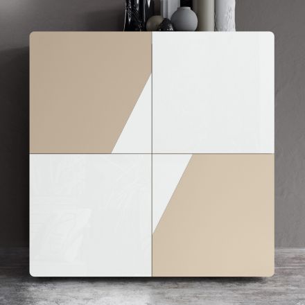 Wohnzimmer-Sideboard mit 4 Türen aus weißem Glas und Nerz-Finish, hergestellt in Italien – Eva Viadurini