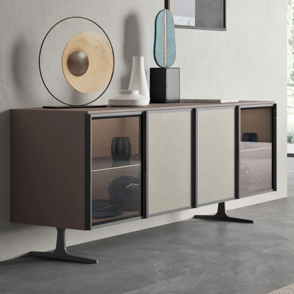 Wohnzimmer Sideboard aus ökologischem Holz und Glas 4 Türen Made in Italy - Aaron Viadurini