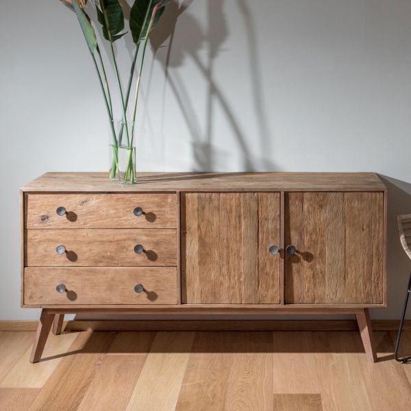 Wohnzimmer-sideboard mit 2 türen und 3 schubladen aus recyceltem holz - slide