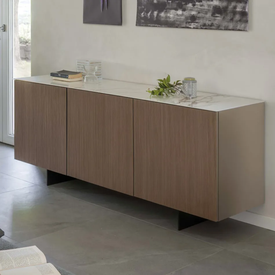 Wohnzimmer-Sideboard mit Stahlgestell und Melaminstruktur - Adriel Viadurini