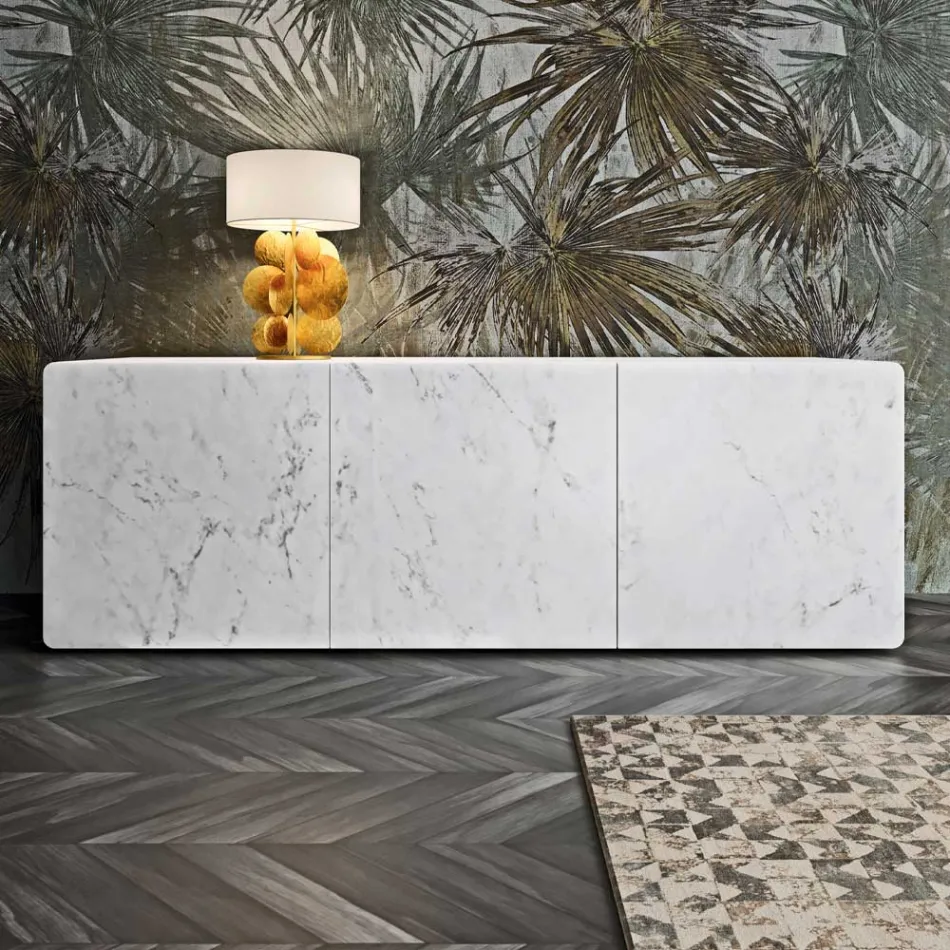 Wohnzimmer-Sideboard mit 3 Türen in Carrara-Marmor-Finish, hergestellt in Italien – Finn Viadurini