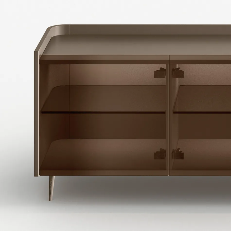 Gebogenes Sideboard aus lackiertem Holz mit bronzefarbenen Glastüren, hergestellt in Italien – Lyra Viadurini