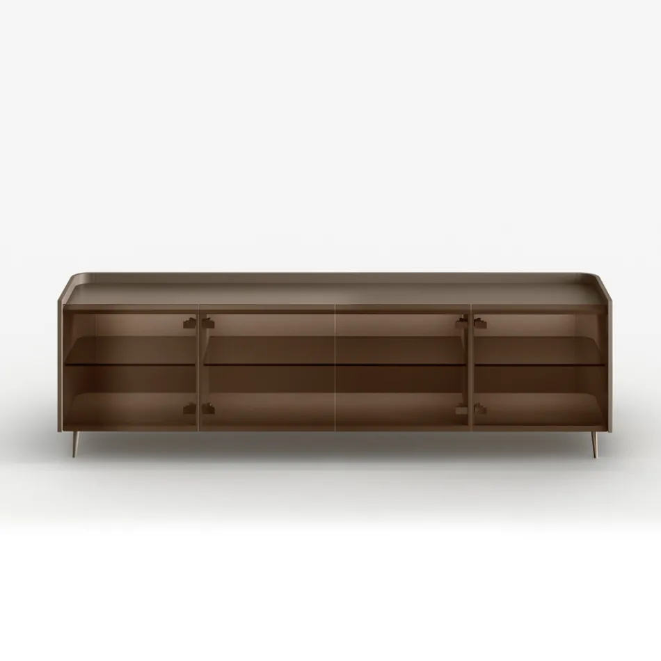 Gebogenes Sideboard aus lackiertem Holz mit bronzefarbenen Glastüren, hergestellt in Italien – Lyra Viadurini