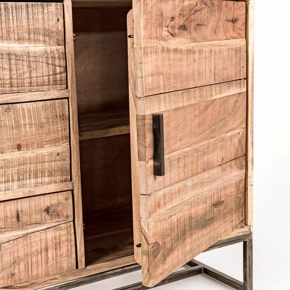 Sideboard aus Akazienholz und Stahl 2 Türen und 3 Schubladen Homemotion - Aimune Viadurini