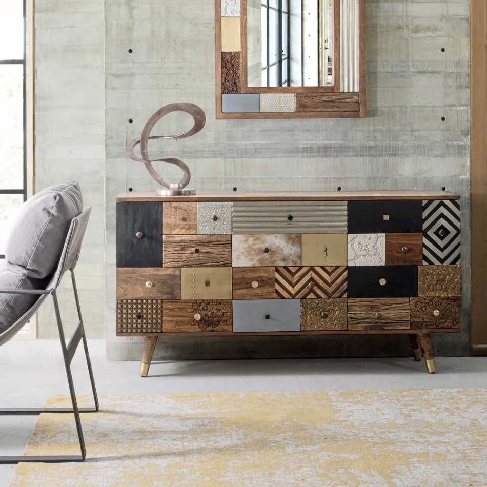 Sideboard aus Mangoholz 2 Türen 4 Schubladen Ethnischer Stil Homemotion - Aurier Viadurini