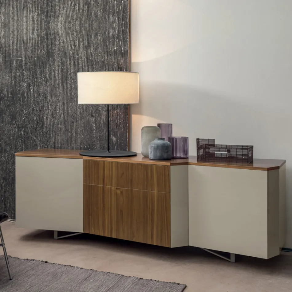 Sideboard aus Mdf mit 2 Türen und 2 hervorstehenden Schubladen schräge Seiten - Caspiter Viadurini