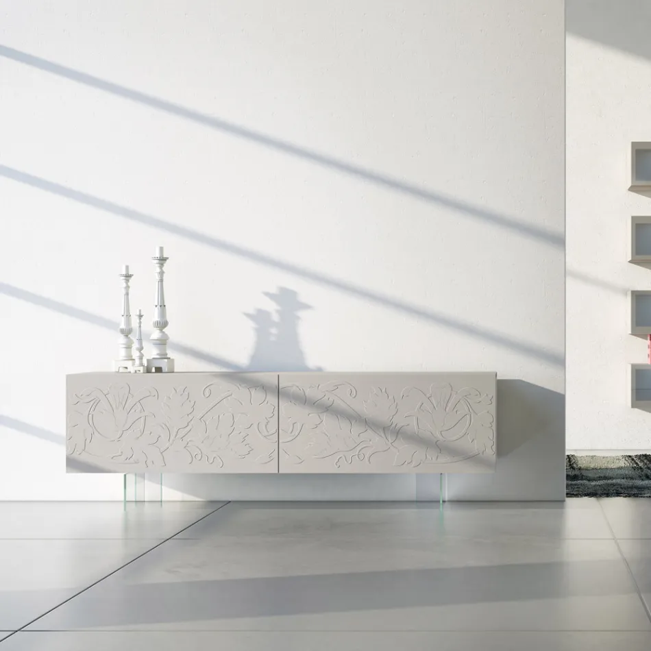 Sideboard aus hellgrauem MDF mit Glasfüßen Made in Italy - Germena Viadurini