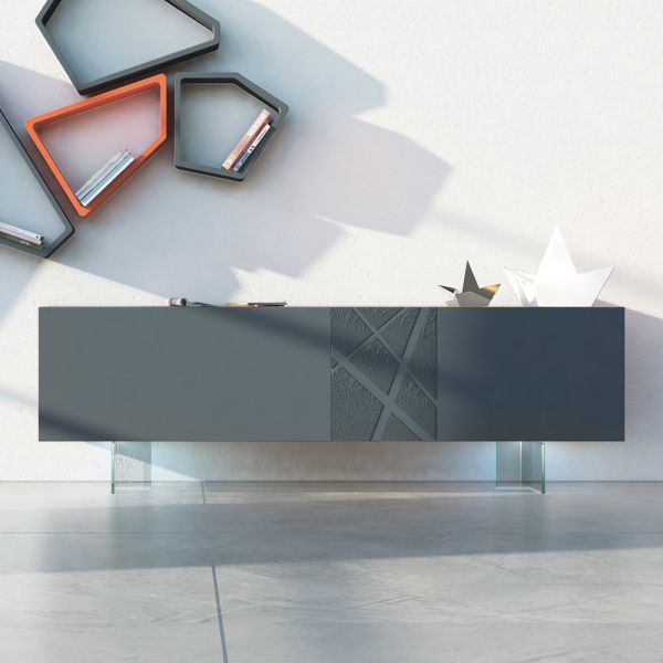 Sideboard aus graphitgrauem mdf mit glasfüßen made in italy - zelia