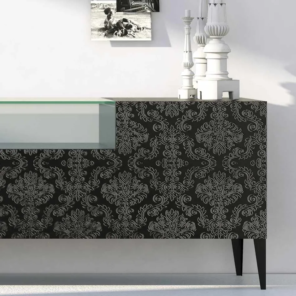 Sideboard aus schwarzem MDF mit Glaskasten und verzierten Türen Made in Italy - Marissa Viadurini