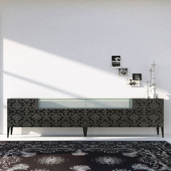 Sideboard aus schwarzem mdf mit glaskasten und verzierten türen made in italy - marissa