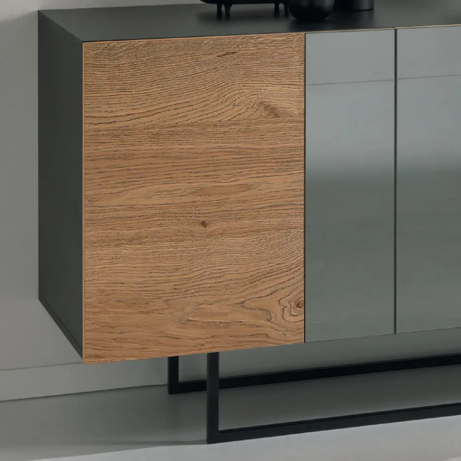 Sideboard aus Melamin mit 3 Eichentüren und Spiegel Made in Italy - Romina Viadurini