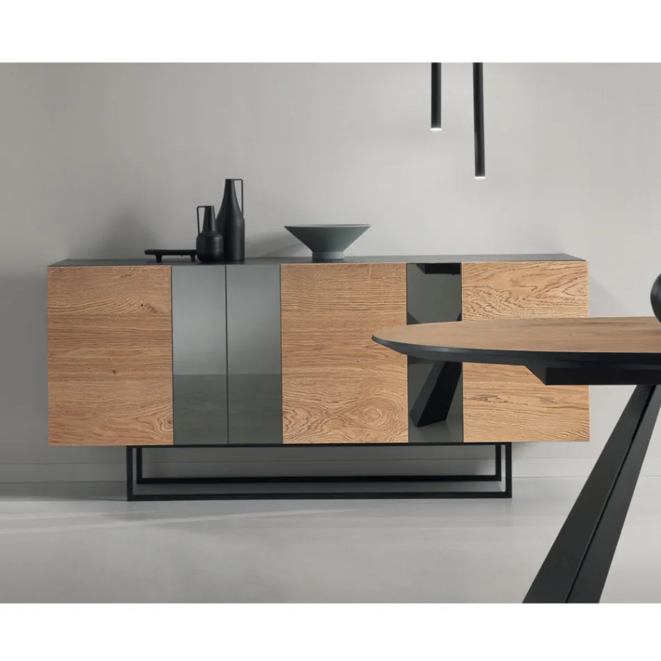 Sideboard aus Melamin mit 3 Eichentüren und Spiegel Made in Italy - Romina Viadurini