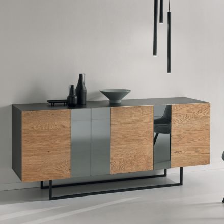 Sideboard aus Melamin mit 3 Eichentüren und Spiegel Made in Italy - Romina Viadurini