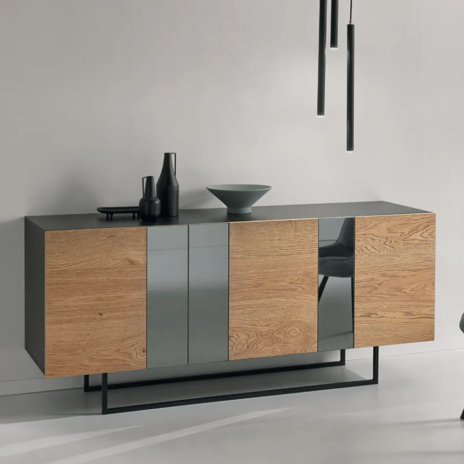 Sideboard aus Melamin mit 3 Eichentüren und Spiegel Made in Italy - Romina Viadurini