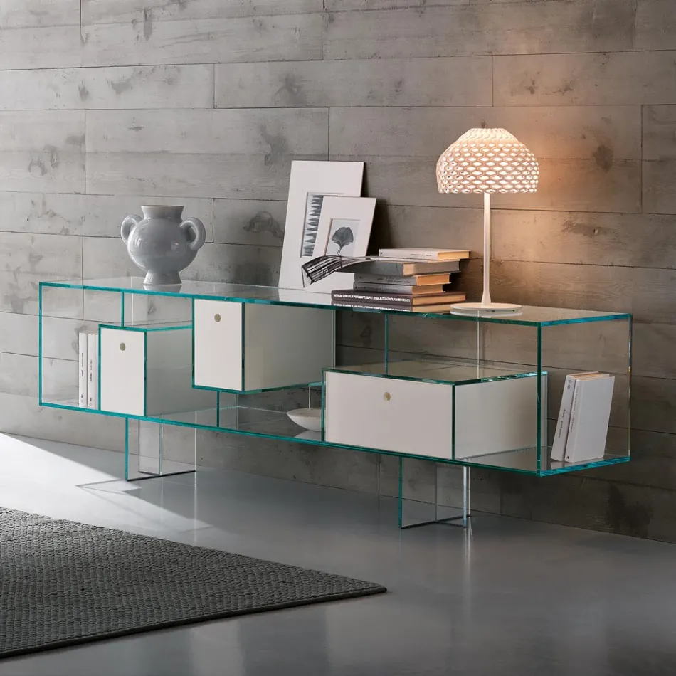 Sideboard aus Glas mit drei Schubladen, elegantes Design, hergestellt in Italien - Senera Viadurini