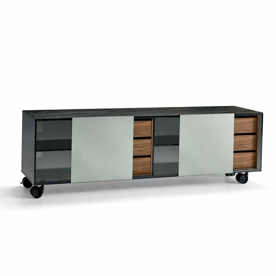 Modernes Sideboard auf Rauchglasrädern und Keramikplatte Made in Italy - Sciocca Viadurini