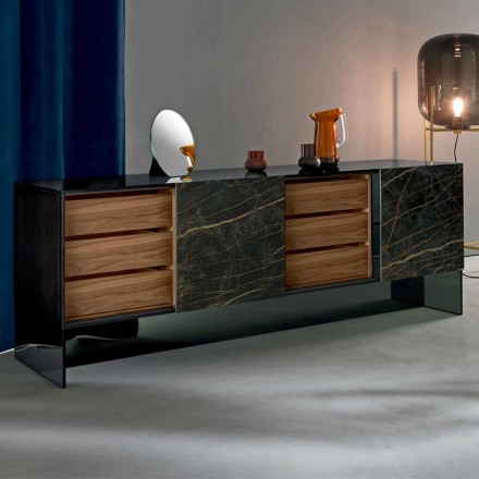 Wohnzimmer Sideboard 2 Keramiktüren und Rauchglasstruktur Made in Italy - Sciocca Viadurini