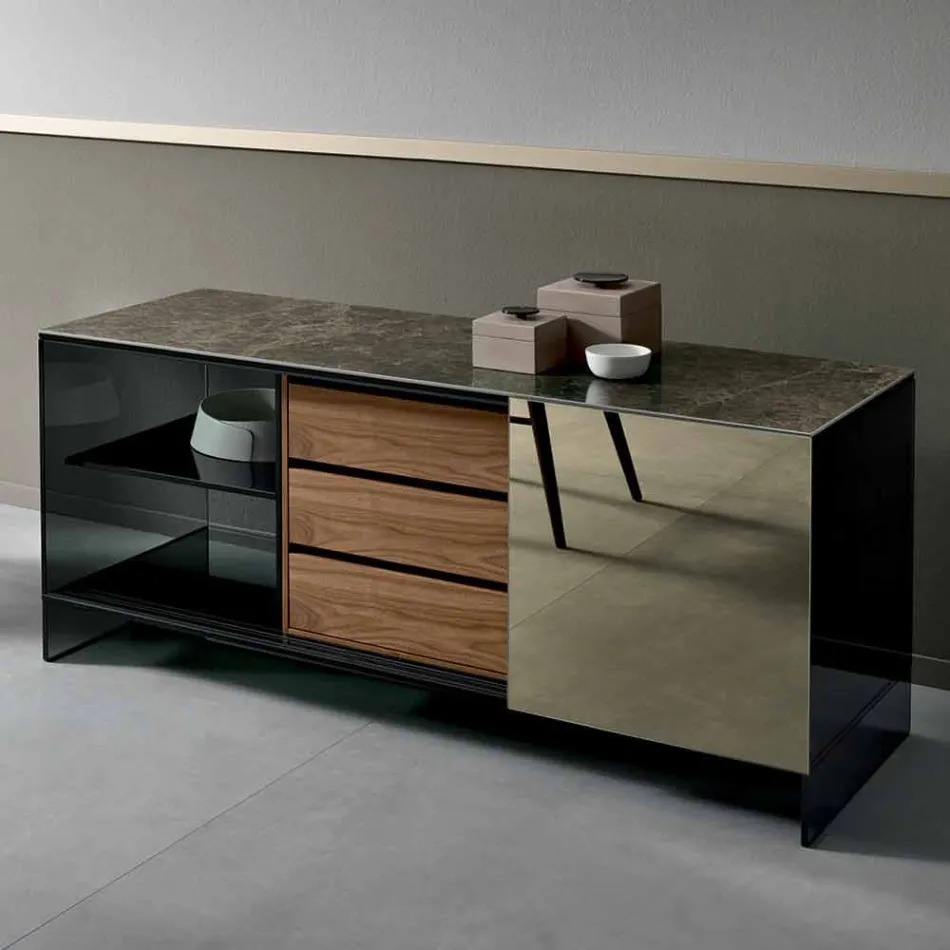 Rauchglas Wohnzimmer Sideboard mit Bronze Spiegeltür Made in Italy - Dumm Viadurini