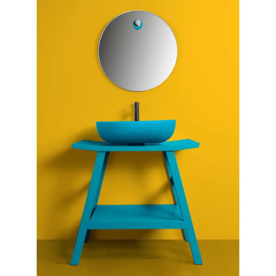 Bodenstehender Badezimmerschrank aus blauem Teakholz und praktisches Regal mit halbgebogener Platte - Crina Viadurini