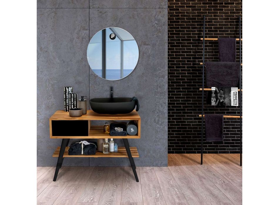 Moderner schwarzer Badezimmerschrank aus natürlichem Teakholz mit Schubladen - Benoit