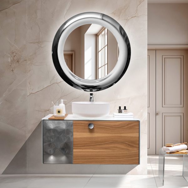100 cm wand-badezimmerschrank aus 8 mm gehärtetem glas und europäischer eiche – excelsior