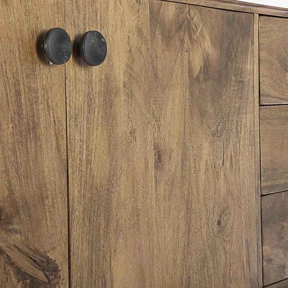 Mobiles Sideboard 2 Türen 3 Schubladen aus Vintage Mangoholz - Desiderio Viadurini