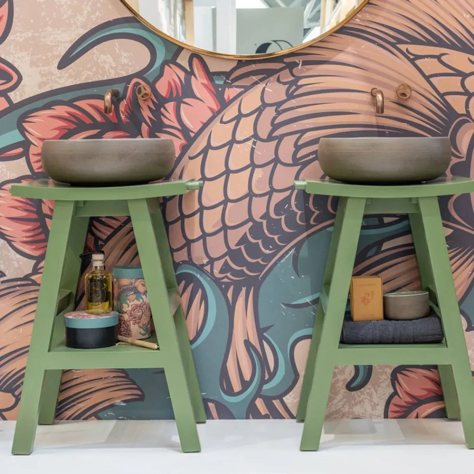 Freistehender Badezimmerschrank mit Teak-Finish und großem grünem Regal - Raomi Viadurini