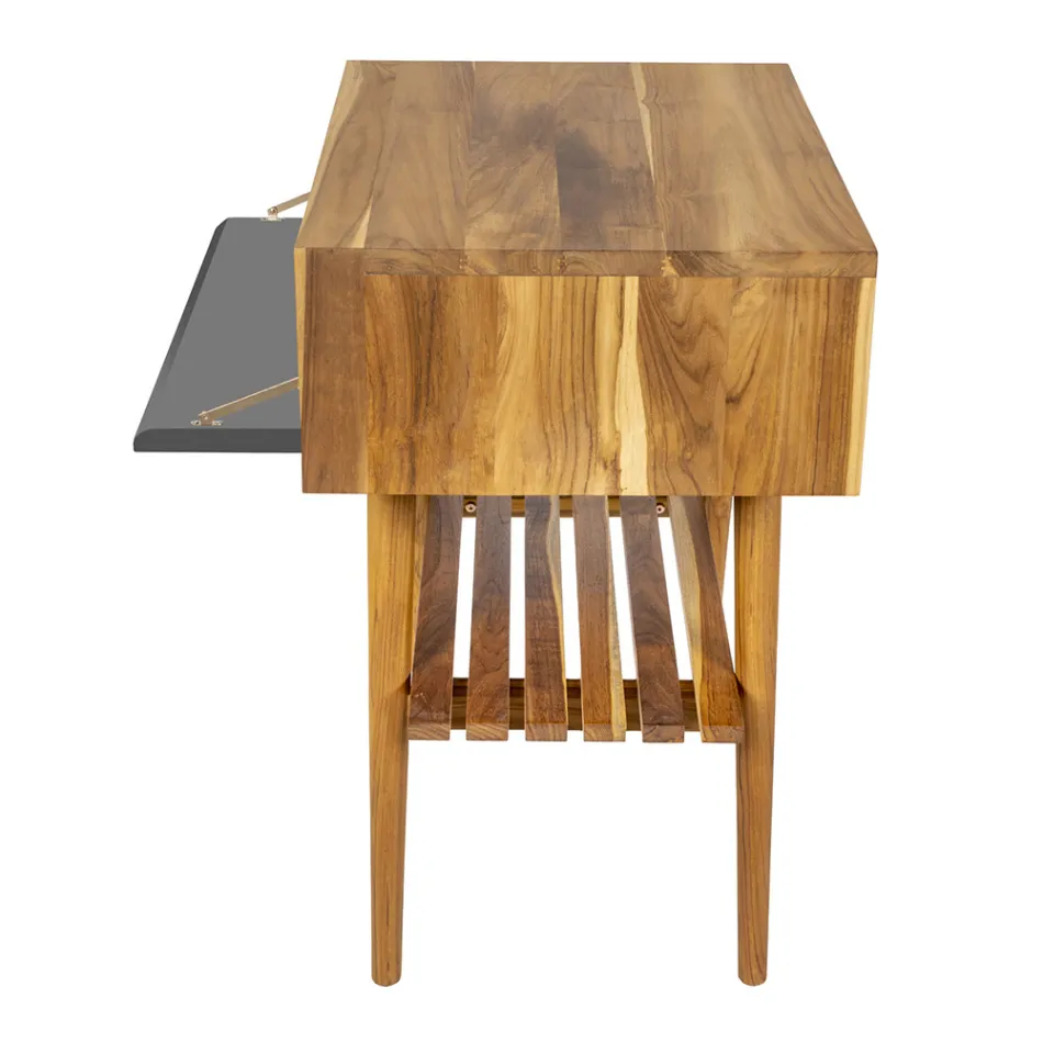 Freistehender Badezimmerschrank aus natürlichem Teakholz mit grauer Farbstütze - Gatien Viadurini