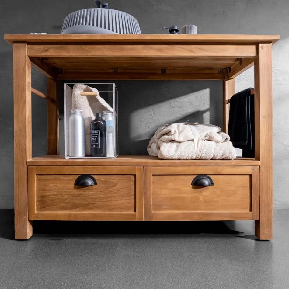 Freistehender Badezimmerschrank aus Teakholz mit zwei Schubladen – Frangipani Viadurini