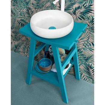 Badezimmerschrank aus Teakholz mit halbgebogener Platte und praktischer blauer Ablage - Raomi