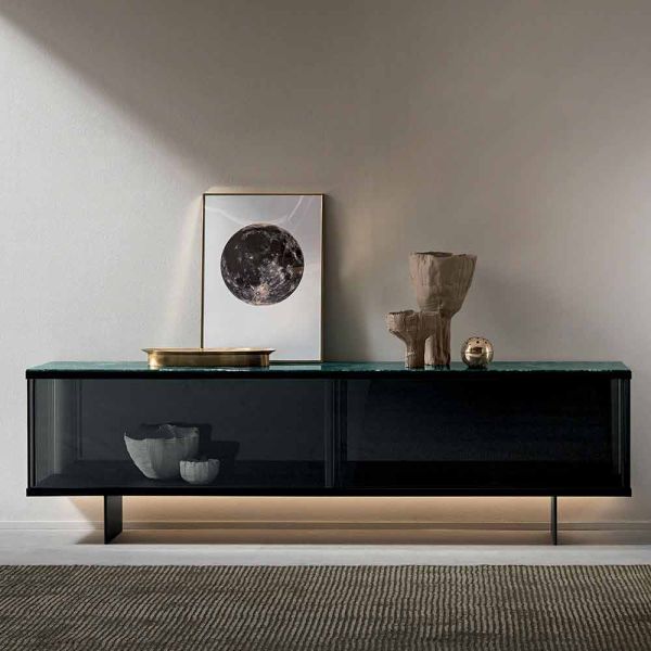 Wohnzimmer-sideboard aus rauchglas und grünem oder rotem marmor mit led, luxus-leonarda