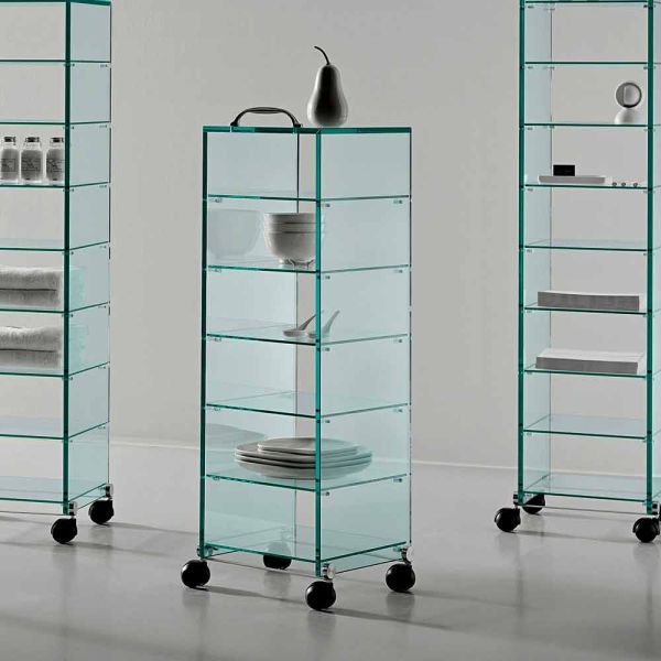 Mehrzweck-mobile mit rollen, transparentes glas made in italy - versatilio